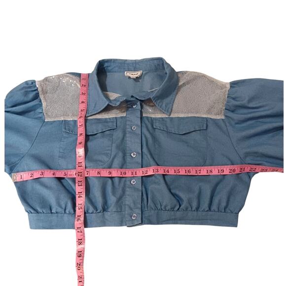 Western Crop Top Blouse XL Puffy Sleeves Mesh Sparkly Sequins Coquette Country - Picture 4 of 10